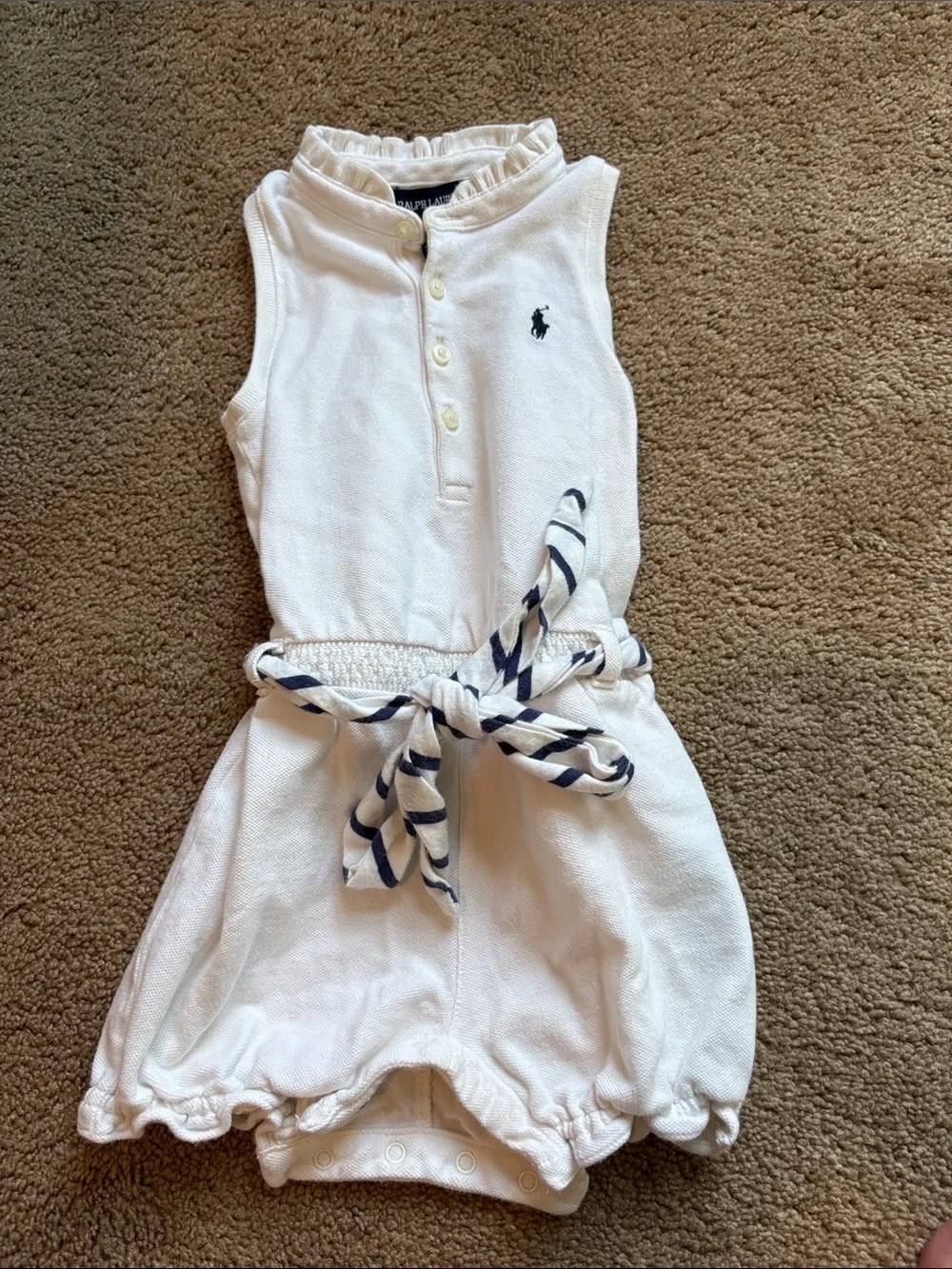 Ralph Lauren White Sleeveless Polo Terry Romper with Navy Trim